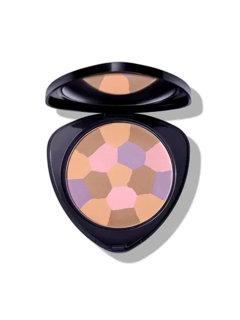 Compact with mosaic pattern of pink, purple, and brown shades in a black case.