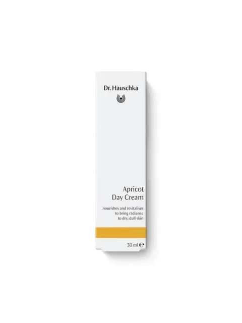 Dr. Hauschka Apricot Day Cream box, 30 ml, white with orange stripe.