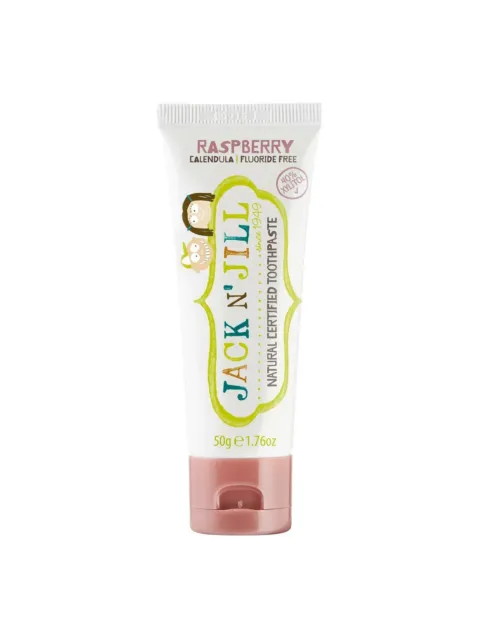Jack N' Jill raspberry toothpaste tube, 50g, fluoride free, with cartoon characters.