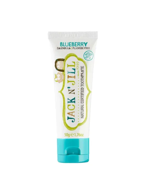 Jack N' Jill blueberry toothpaste, 50g, fluoride-free, with calendula and xylitol.