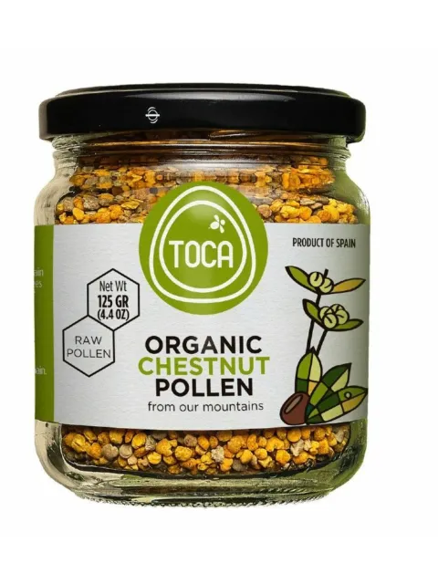 Jar of organic chestnut pollen, 125g, labelled "TOCA", product of Spain.