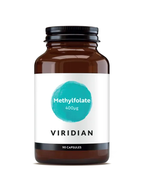Brown bottle labelled "Methylfolate 400µg" by Viridian, contains 90 capsules.