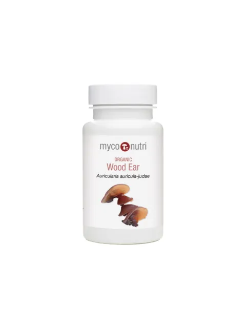 White bottle labelled "Organic Wood Ear" with mushroom image.