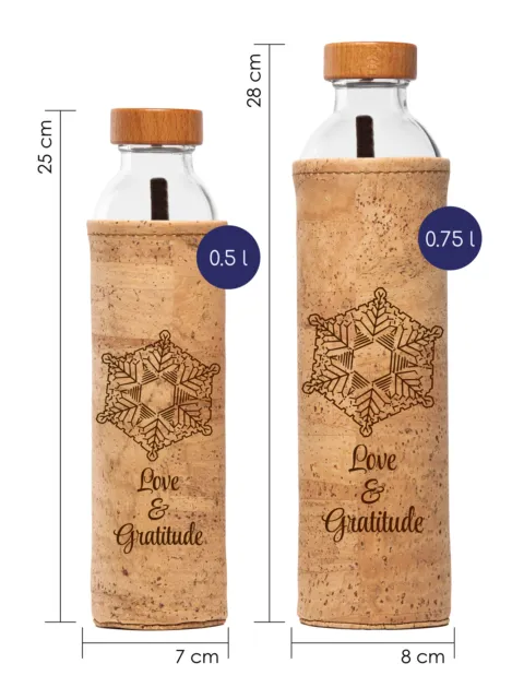 Two cork-covered bottles, 0.5L and 0.75L, with "Love & Gratitude" text and snowflake design.