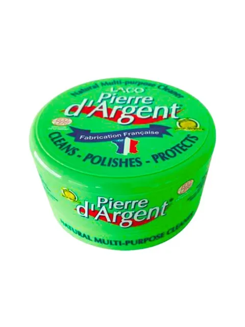 Green tub of Pierre d'Argent cleaner with French flag and text "Cleans - Polishes - Protects".