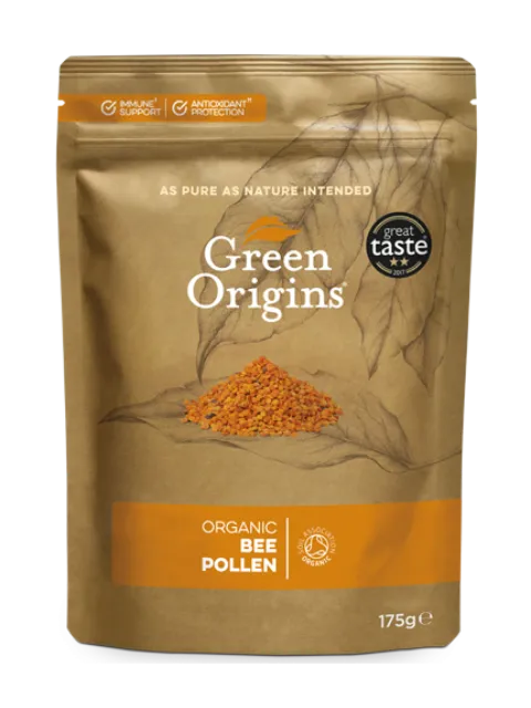 Green Origins organic bee pollen, 175g, with Great Taste award logo.
