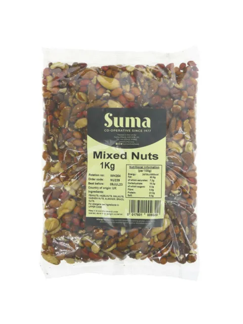 Suma Mixed Nuts 1kg pack with nutritional information and ingredients listed.