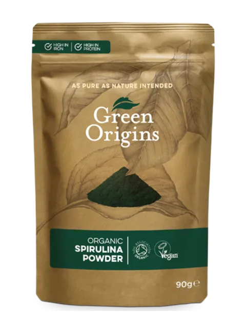 Green Origins organic spirulina powder, 90g, high in iron and protein, vegan certified.