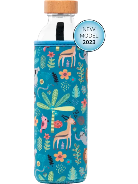 Glass bottle with wooden lid, blue sleeve with animal and plant pattern. "New Model 2023" badge.
