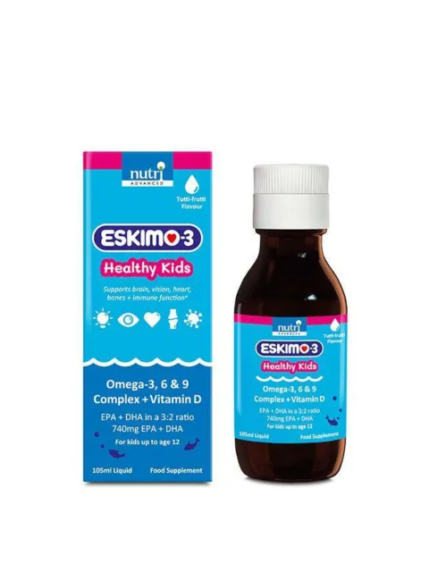 Eskimo-3 Healthy Kids supplement, tutti-frutti flavour, 105ml bottle and box.