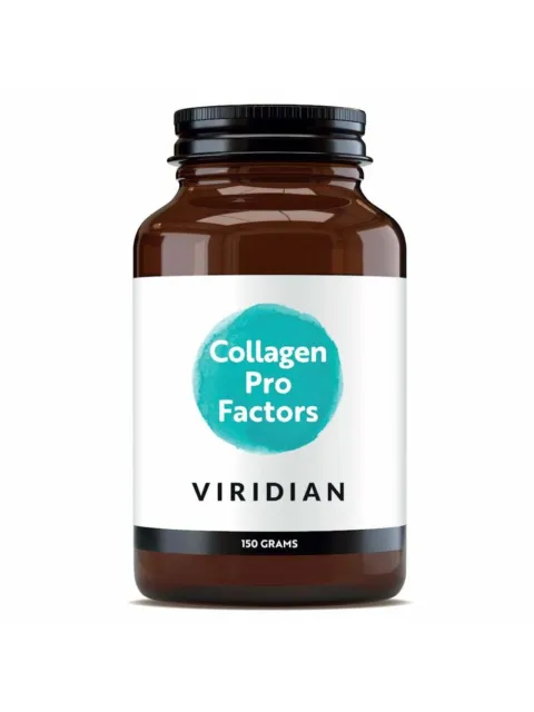 Brown jar labelled "Collagen Pro Factors" by Viridian, 150 grams.