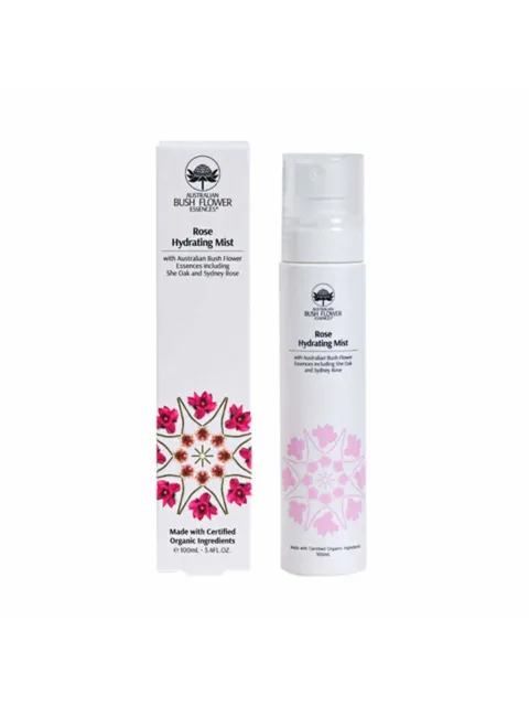 Rose Hydrating Mist bottle and box with floral design, 100ml, certified organic ingredients.