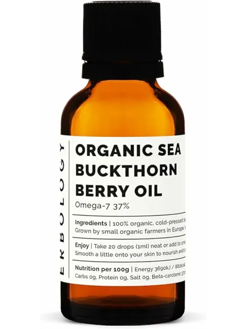 Brown bottle of organic sea buckthorn berry oil with label details.
