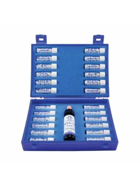 Blue case with 24 small vials and one larger bottle labelled "SOS Stress Formula".