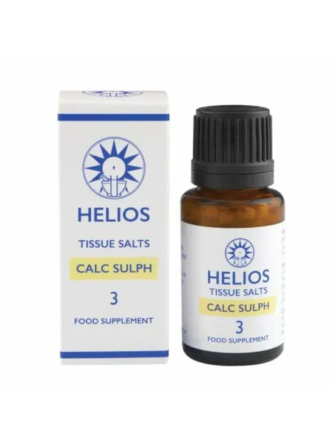 Helios Calc Sulph tissue salts bottle and box, labelled as food supplement.