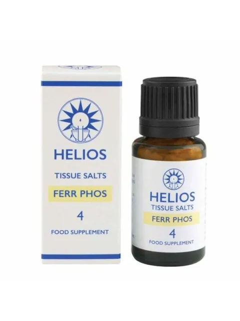Helios Tissue Salts Ferr Phos 4, food supplement bottle and box.