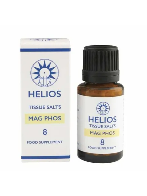 Helios Mag Phos tissue salts bottle and box, labelled as food supplement.