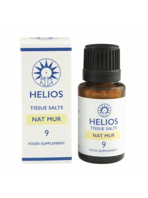 Helios Tissue Salts Nat Mur 9 food supplement bottle and box.