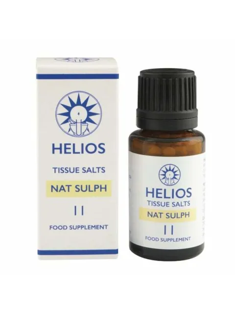 Helios Tissue Salts Nat Sulph bottle and box, labelled as food supplement.
