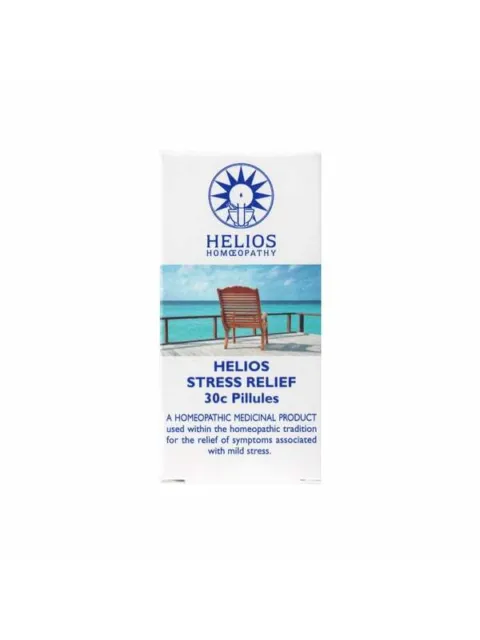 Helios Stress Relief 30c pillules packaging with a chair by the sea.