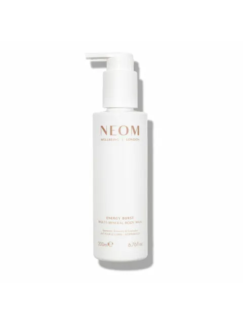 White bottle of NEOM Energy Burst Multi-Mineral Body Milk, 200ml.