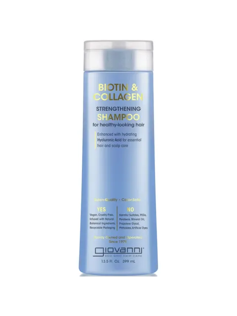 Blue bottle of Biotin & Collagen Strengthening Shampoo, 399 mL, vegan and cruelty-free.