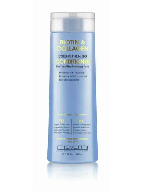 Blue bottle of Biotin & Collagen Strengthening Conditioner, 399 ml, with product details.