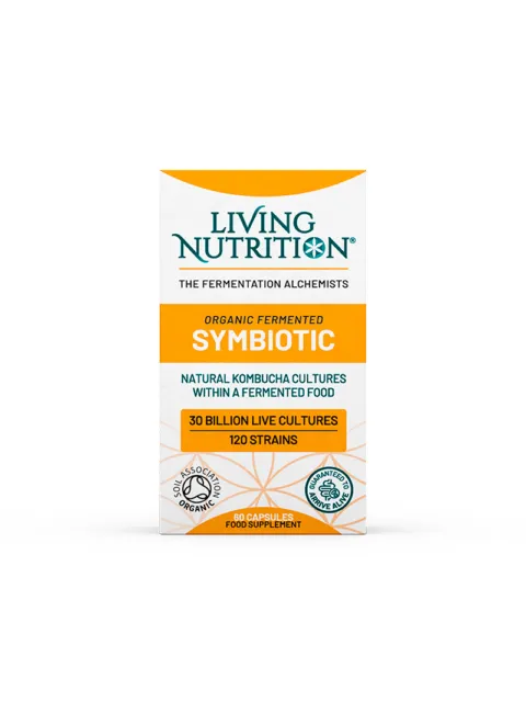 Living Nutrition Symbiotic supplement box, 60 capsules, organic kombucha cultures, 30 billion live cultures.