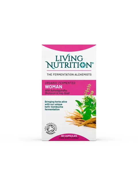 Living Nutrition Organic Fermented Woman capsules with herbs and Soil Association Organic logo.