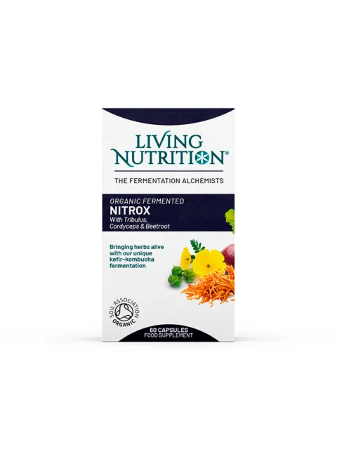 Living Nutrition Nitrox capsules box with herbs and organic certification.