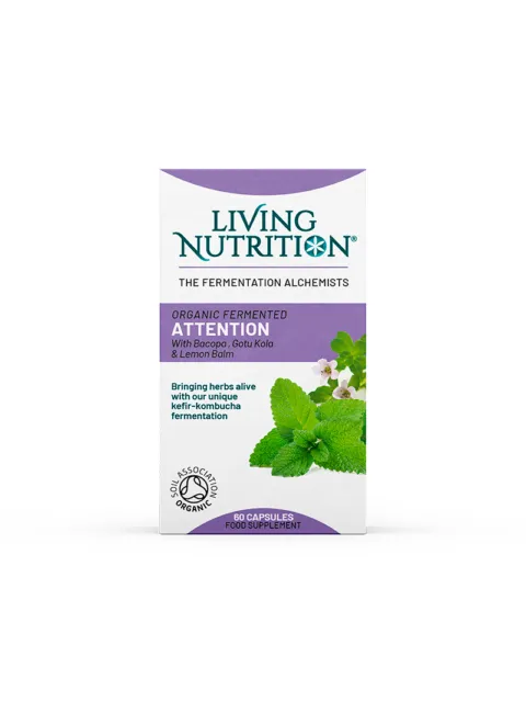 Living Nutrition Attention supplement box with herbs, 60 capsules.