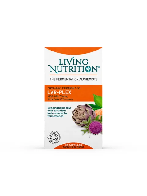 Living Nutrition LVR-Plex capsules with milk thistle, artichoke, turmeric. Organic certified.
