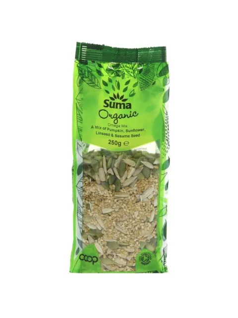 Suma Organic Omega Mix seeds, 250g bag, green packaging.