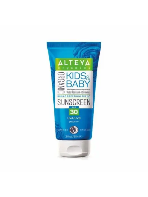 Alteya Organics Kids & Baby SPF 30 sunscreen tube, 90ml, blue packaging.