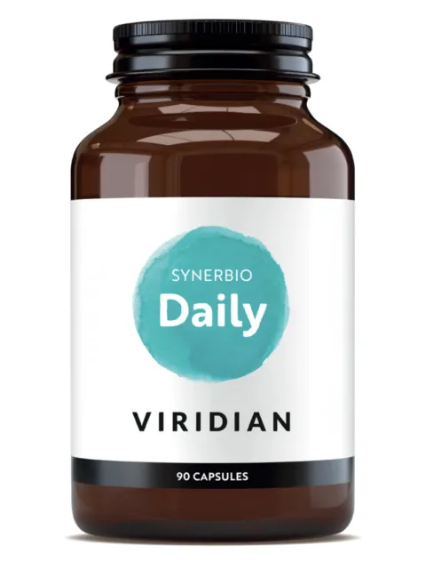 Brown bottle labelled "Synerbio Daily" by Viridian, 90 capsules.
