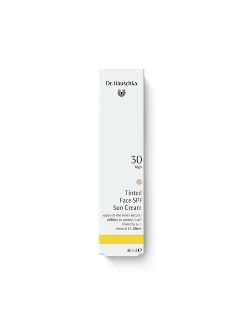 Dr. Hauschka Tinted Face SPF 30 Sun Cream, 40 ml, white box with yellow stripe.