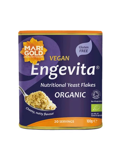 Marigold Engevita Vegan Nutritional Yeast Flakes, organic, gluten-free, 100g tin, 20 servings.