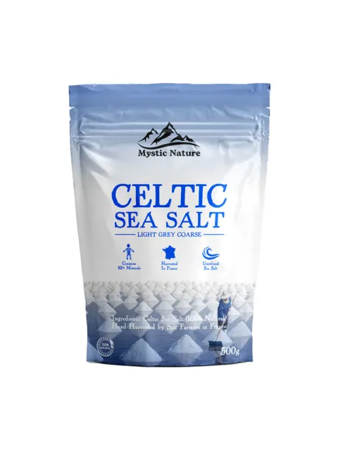 Mystic Nature Celtic Sea Salt, light grey coarse, 500g, harvested in France.
