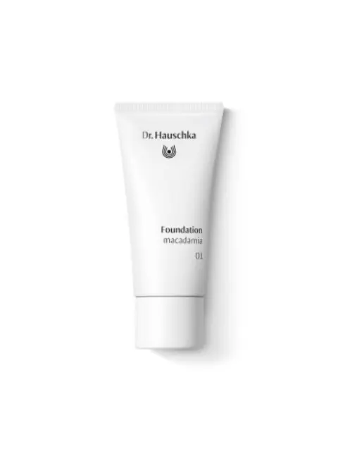 Dr. Hauschka Foundation tube, shade macadamia 01, white packaging.