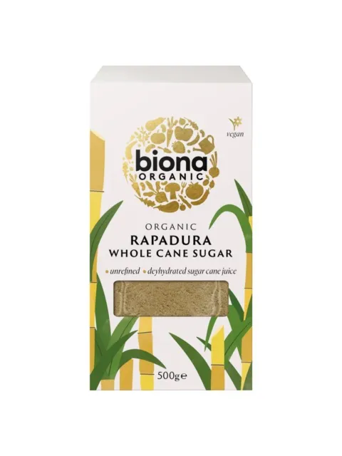 Biona Organic Rapadura Whole Cane Sugar, 500g, vegan, unrefined, dehydrated sugar cane juice.