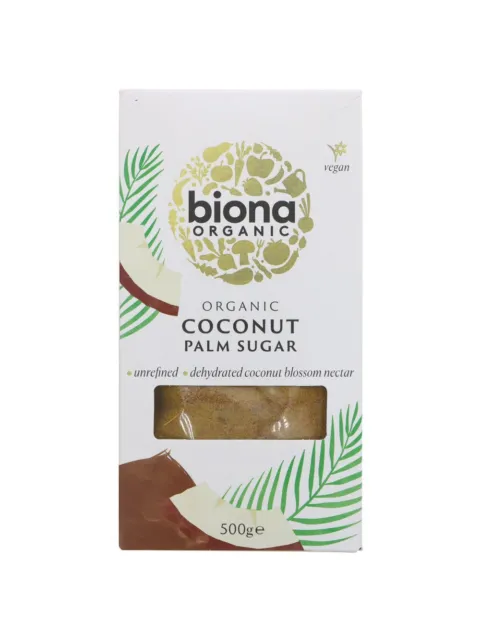 Biona Organic Coconut Palm Sugar, 500g, unrefined, vegan, in white packaging with green leaves.