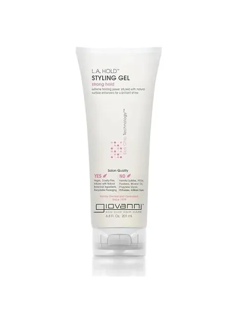 Giovanni L.A. Hold Styling Gel, strong hold, 200ml tube, vegan, cruelty-free, eco-friendly packaging.