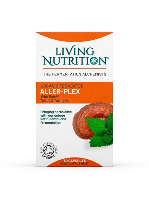 Living Nutrition Aller-Plex box with Reishi, nettle, turmeric. Organic certification logo visible.