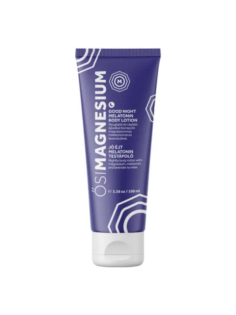 Purple tube of Good Night Melatonin Body Lotion, 100 ml, with magnesium and lavender.