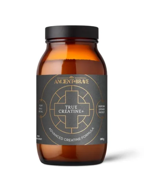 Brown jar with "True Creatine+" label, 180g, by Ancient + Brave.
