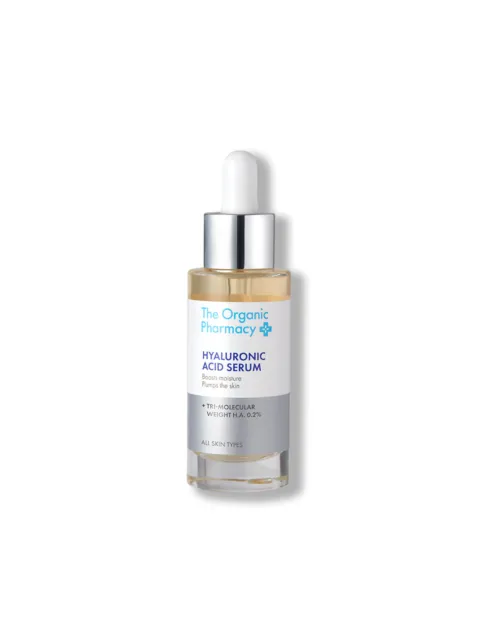 Dropper bottle of The Organic Pharmacy Hyaluronic Acid Serum, 0.2% H.A., for all skin types.
