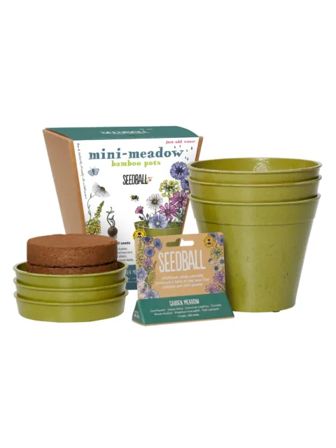 Mini-meadow bamboo pots with seedball pack and soil discs.