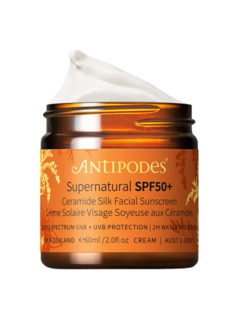 Antipodes Supernatural SPF50+ Ceramide Silk Facial Sunscreen, 60ml jar.