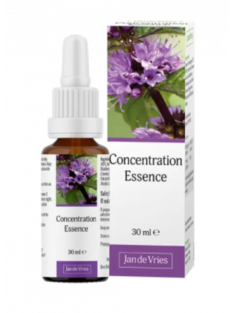 Concentration Essence bottle and box with purple flower image, 30 ml, Jan de Vries brand.
