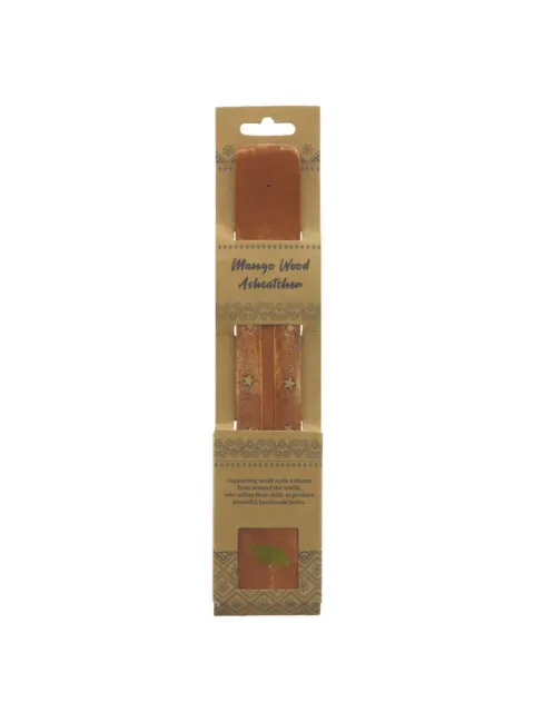 Mango wood ashcatcher in packaging with star design and artisan support text.